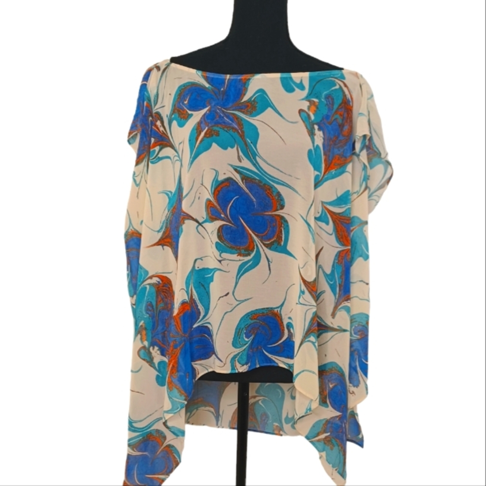 Rachel Roy Sheer Chiffon Mukticolor Floral Blouse Poncho Women's Sz Med Resort